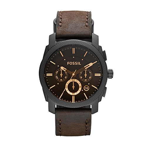 Fossil Herren Armbanduhr Machine mit braunem Lederband & großem, schwarzem Ziffernblatt / Armbanduhr mit Datumsanzeige & wechselbarem Lederarmband - im zeitlosen Industrial-Look