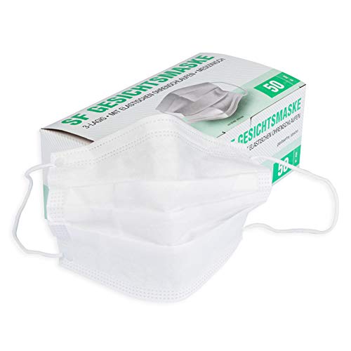 Mundschutz Maske mit elastischen Ohrschlaufen weiß 3-lagig, ohne Gurtband, 50 Stück Box