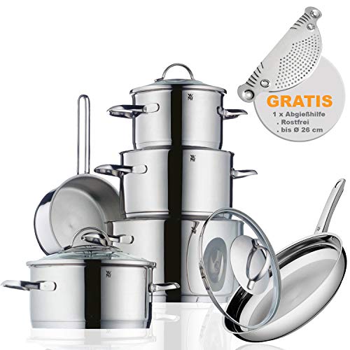 WMF Premium Topfset 11-teilig Induktion, Cromargan Edelstahl Pfanne und Töpfe mit Gratis Abgießhilfe, 4 Kochtöpfe mit Glas Topfdeckel, 24cm Bratpfanne, 16cm Stielkasserolle, Induktionsherd geeignet