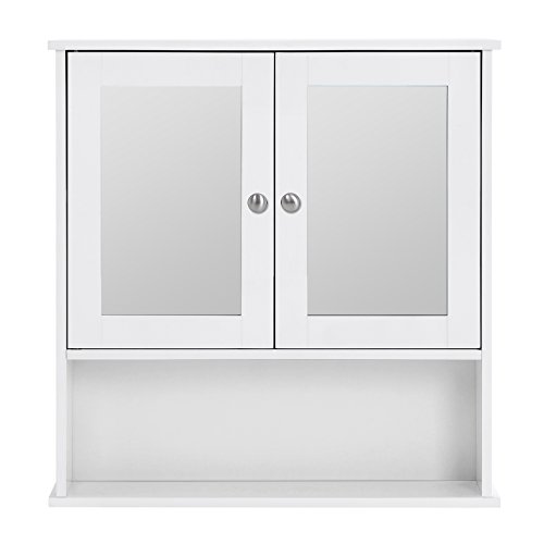 Songmics Spiegelschrank Badschrank Hängeschrank Spiegel mit Ablage Schminkschrank aus Holz 56 x 58 x 13 (B x H x T) cm weiß LHC002