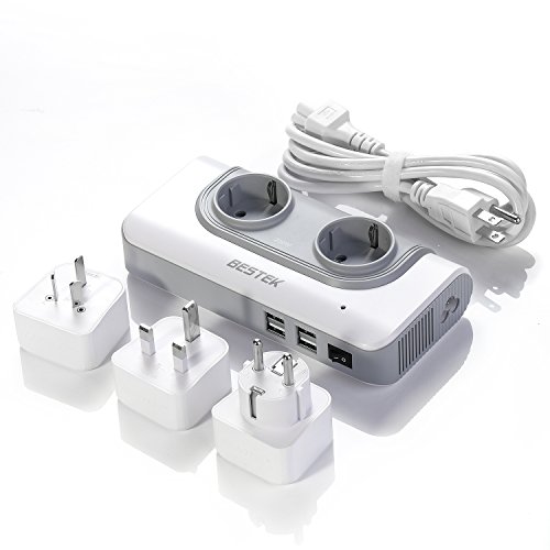 BESTEK 200W Spannungswandler mit 4 USB Reiseladegerät 110v auf 230v Reiseadapter Stromwandler mit austauschbare UK, EU, AU Reisestecker für Reisen nach USA, Kanada, Australien, China, England,Thailand weiß