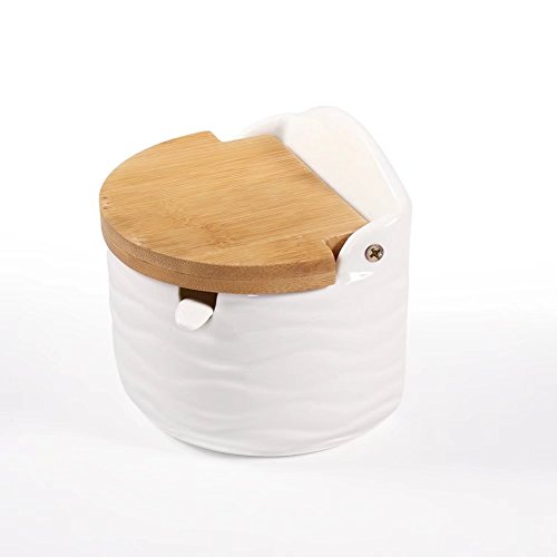 Zuckerdose, 77L Glas Zucker Schüssel mit Löffel und Deckel aus Bambus für Zuhause und Küche – Modernes Design, Weiß, 8,4 Oz (250 ml)