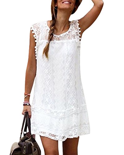 YOINS Sommerkleid Damen Kleider A-Linie Loose Elegant Spitzekleid Minikleid, Weiß, Gr.- EU 36-38/ S