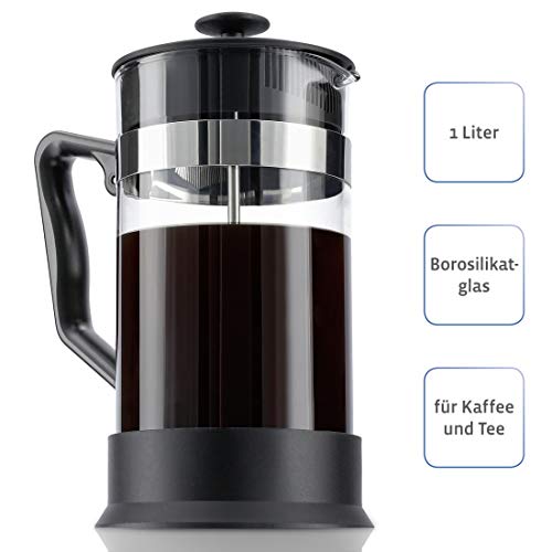 Xavax Kaffeebereiter (aus Glas 1 Liter, Zubereiter Glas, Edelstahlfilter für Kaffee oder Tee 1l, spülmaschinenfest, French Press) schwarz
