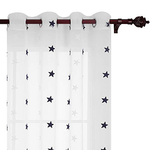 Deconovo Voile Vorhang Ösen Vorhänge Kinderzimmer Dekosachals Vorhang Leinenoptik 175x140 cm Stern Blau