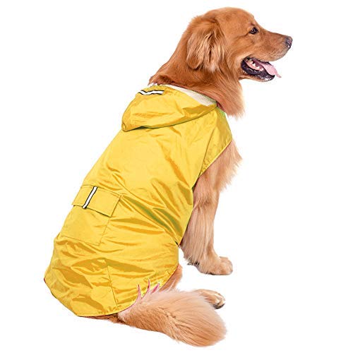 Bwiv Hunde Regenmantel Wasserdicht Hundemantel Groß Gefüttert Ultraleichte Atmungsaktive Hundejacke Reflexstreifen Regenjacke Hunde Mit Kapuze 3XL-6XL Gelb 4XL