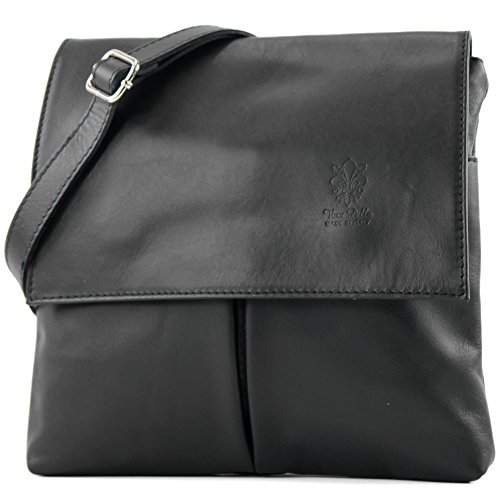modamoda de - ital. Ledertasche Schultertasche Crossover Umhängetasche Nappaleder T63, Präzise Farbe:Schwarz