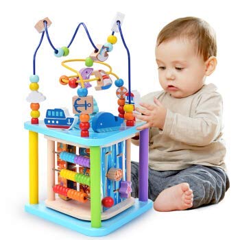 Baobe Würfel Spielzeug für Kinder, pädagogische Perle Labyrinth für Kleinkinder, Sea World 5-in-1 Motorikwürfel Holzspielzeug,Aktivität Würfel Perle Labyrinth