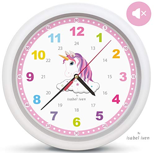 Isabel Iven Wanduhr Kinder Einhorn groß 30,5 cm - Farbenfrohe Kinderwanduhr mit Lautlosem Uhrwerk -Wanduhr für Mädchen und Jungen - Lernuhr mit Großen Bunten Ziffern von Designerin