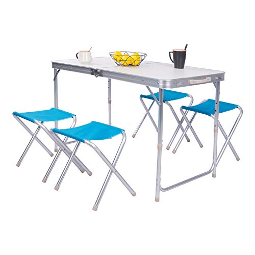 eSituro Campingtisch Koffertisch mit 4 Hocker zusammenklappbar und höhenverstellbar, Campingmöbel Set Sitzgarnitur Picknicktisch, 120 x 60 x 53-69 cm