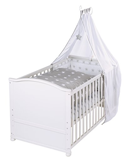 roba 203007WEV190 Komplettbett Set 'Little Stars', Babybett weiß inkl.  Himmel, Nest, Matratze, Kombi Kinderbett 70 x 140 cm umbaubar zum Junior Bett
