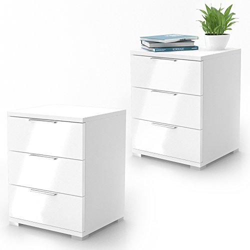 VICCO Nachtschrank 2er Set Kommode Nachttisch Schrank Schublade Ablage Schlafzimmer (Weiß Hochglanz)