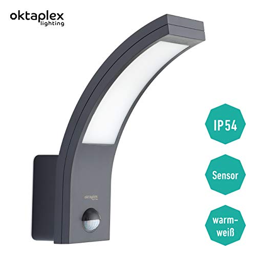 LED Außenleuchte mit Bewegungsmelder Rio 10W | Außenlampe Ip54 anthrazit Wand Außen | Außenwandleuchte Sensor 3000K Warmweiß | Oktaplex Lighting