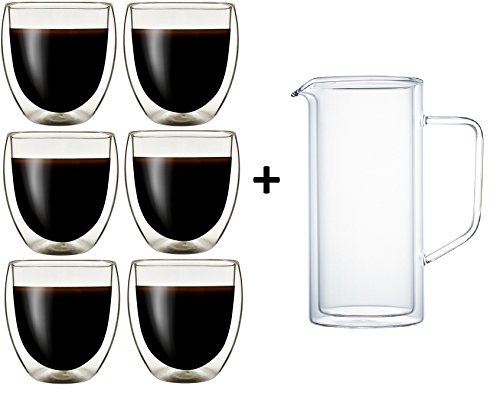 Klasique Doppelwandige Gläser Doppelwandglas 250 ml, Thermoglas mit Schwebeeffekt im 6er Set + Doppelwandiger Krug/Karaffe 1 L, für, Cappucino, Tee, Eistee, Säfte, Wasser, Cola, Cocktails