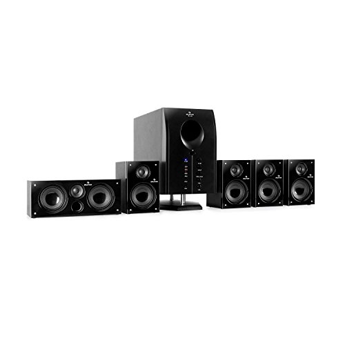 auna Areal 525 BK 5.1 Surround Sound System Heimkinosystem (125 Watt RMS, Aktiv-Mono-Subwoofer, 5,25' Sidefiring-Tieftöner, 5 x Satellitenlautsprecher, Fernbedienung) schwarz