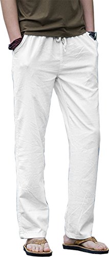 HOEREV Men Casual Strandhosen Leinen Hose- Gr. S (Taille 30-32 zoll), Weiß