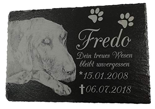 HC-Lasergravur Grabstein Hund  Grabtafel aus Schiefer für Tiere  Gedenken an den Hund  Hundegrabstein auch für Katze Schiefer 20 x 30cm  Erinnerungstafel  Gedenkstein mit Bild  Grabstein Foto