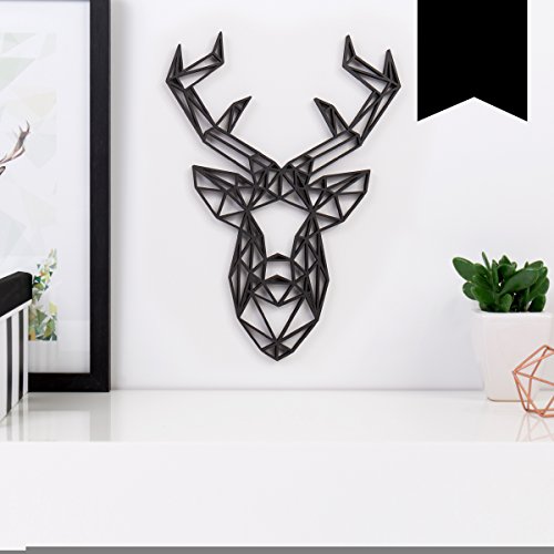 Kleinlaut 3D-Origamis aus Holz - Wähle ein Motiv & Farbe - 'Hirschkopf' - 14,5 x 20 cm (M) - Schwarz