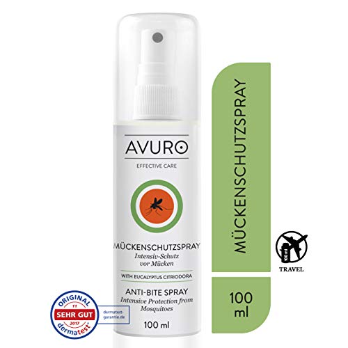 AVURO Mückenschutzspray, bis zu 8 Stunden Intensiv-Schutz gegen Mücken, frei von DEET, 100% pflanzlicher Wirkstoff Eucalyptus Citriodora Öl, 100 ml