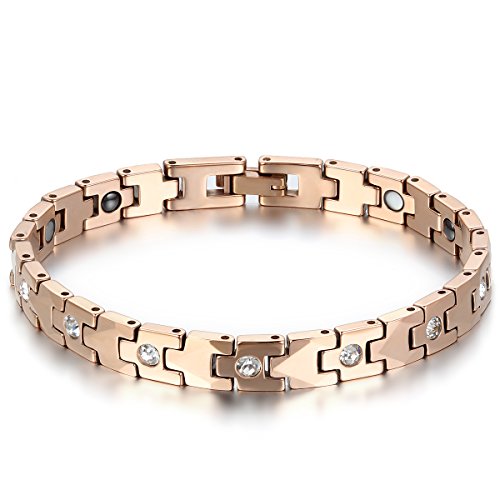 JewelryWe Schmuck Magnet Therapie Kugel Perle Perlen Wolframcarbid Wolfram Armband Link Handgelenk Strass Rose Gold Poliert Damen