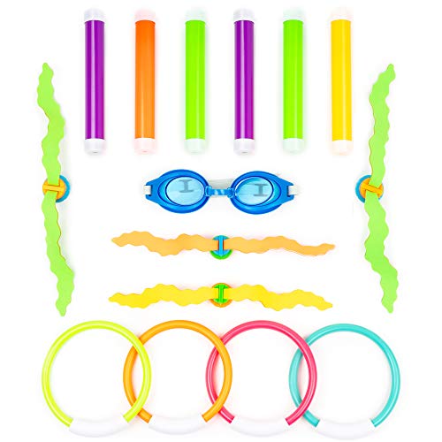 15 Pack Tauchringe & Spielzeuge, Wasserspielzeug - 6x Tauchstäbe Tauchsticks 4x Tauchringe 4x Wasser Gras Tauchball Streamer 1x Schwimmbrille - Schwimmen Pool Spielzeuge für Kinder Mädchen Jungen