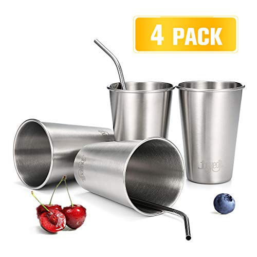 JOYXEON 4er Edelstahl Becher 500ml/17,60oz. Trinkbecher Bierkrug Set +4x Trinkhalm aus Edelstahl 304 stapelbar kinderfreundlich robust BPA frei, für Camping Party Haushalt Unterwegs Bar Beer Cocktail