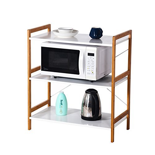 Küchenregal Mikrowellenhalter Standregal Holz mit 3 Ablagen Stilvoller Haushaltsregal für Küche Wohnzimmer Büro 78x70x37cm Weiß