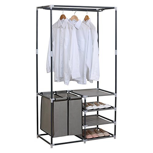 WOLTU CSR1012blk Kleiderständer WäscheständerAblagefächer Schuhablage, 87x44,5x158cm, Ständer Teleskop, mit Korb Kleiderstange, Grau