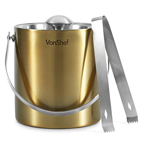 VonShef Eiskübel mit Zange & Deckel gebürstetes Gold - 2 Liter doppelwandig isolierter Edelstahl, Tragegriff
