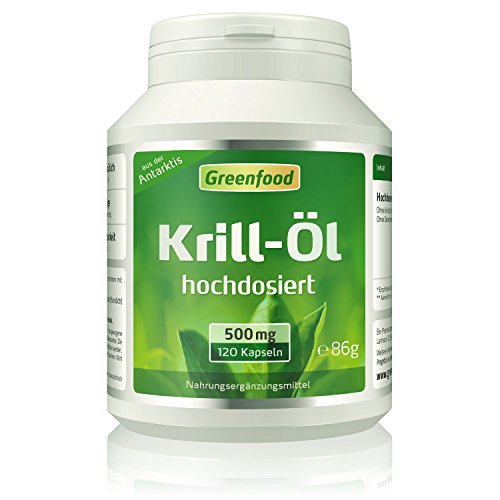 Greenfood Krill-Öl, 500 mg, 120 Kapseln, hochdosiert - reich an EPA und DHA, für ein starkes Herz und gute Augen. Fördert Gedächtnis und Konzentration. OHNE künstliche Zusätze. Ohne Gentechnik.