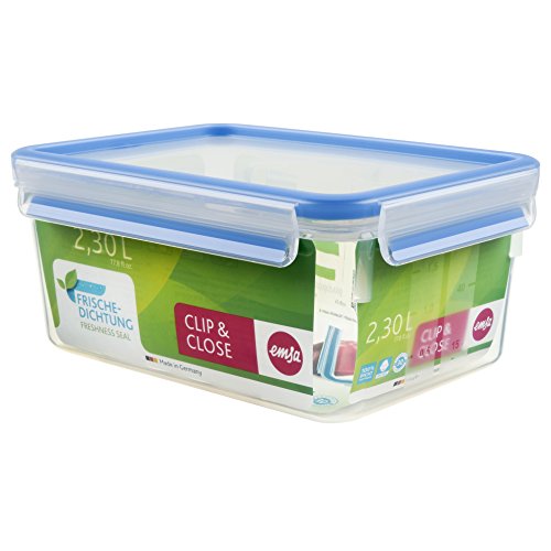 Emsa 508544 Rechteckige Frischhaltedose mit Deckel, 2.3 Liter, Transparent/Blau, Clip & Close