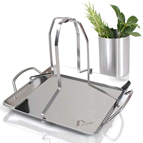 Amazy BBQ Hähnchenbräter inkl. Aromabehälter + Auffangschale – Edelstahl Hähnchengriller für die Zubereitung von knusprigem Brathähnchen auf dem Grill oder im Backofen