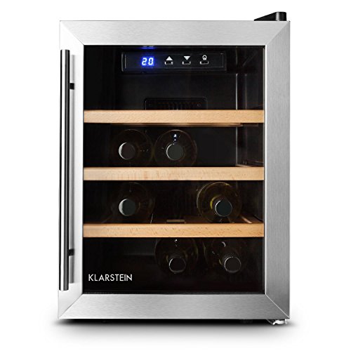 Klarstein Reserva 12 Uno • Weinkühlschrank • 33 Liter • 12 Weinflaschen • 3 x Holz-Regaleinschub • doppelt isolierte Glastür • LED-Innenraumbeleuchtung • silber