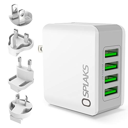 Splaks USB Ladegerät 4-Port 24W 5V/4.8A Ladegerät mit AU/UK/EU/US Internationaler Austauschbarer Reise Stecker für iPhone Galaxy S7/S8/S9/Edge/Plus Bluetooth/Tragbare Geräte-Weiß
