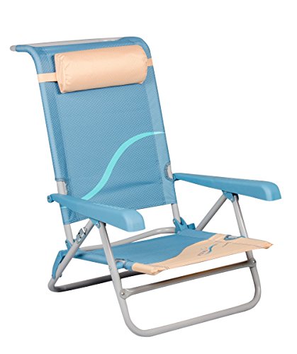 Meerweh Erwachsene Strandstuhl mit Verstellbarer Rückenlehne und Kopfpolster Klappstuhl Anglerstuhl Campingstuhl, Beige/Blau, XXL