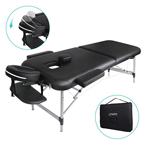Naipo Massagetisch Massageliege klappbar höhenverstellbar Aluminium mit Premium-PU-Leder hoch dichter Schaum schwarz (leicht 11.6kg, belastbar bis 270kg)