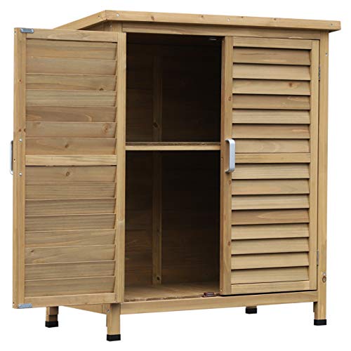 Outsunny Holz Gartenschrank Gerätehaus Gartenhaus Geräteschuppen Geräteschrank Holzhütte Pultdach Bitumenpappe Fensterladen Natur 87 x 46,5 x 96,5 cm