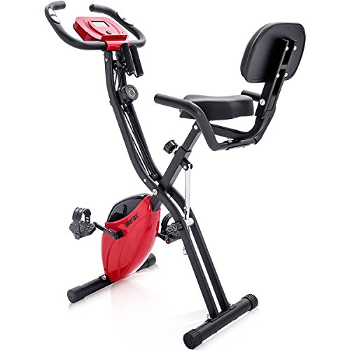 Merax X-Bike, Heimtrainer Klappbar, Magnetische Faltbares Fitnessfahrrad mit 10 Widerstandsstufen, Fitness Bike für Zuhause Büro Indoorcycling Bikes mit Expanderbänder, bis 150 kg (Rot)