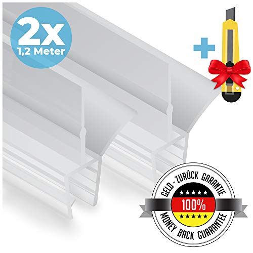 Premium Duschtür Dichtung 2 x 120 cm - Mit verlängerten Gummilippen für trockenen Boden im Bad - Glastür Duschdichtung für 6mm, 7mm, 8mm Glasdicke - Duschleiste für Duschkabine mit Wasserabweiser