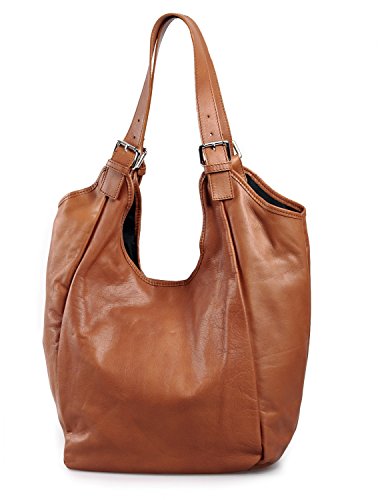 IO.IO.MIO echt Leder Tasche Shopper Beuteltasche Handtasche oder Schultertasche für Damen Frauen Handtaschen Taschen groß cognac
