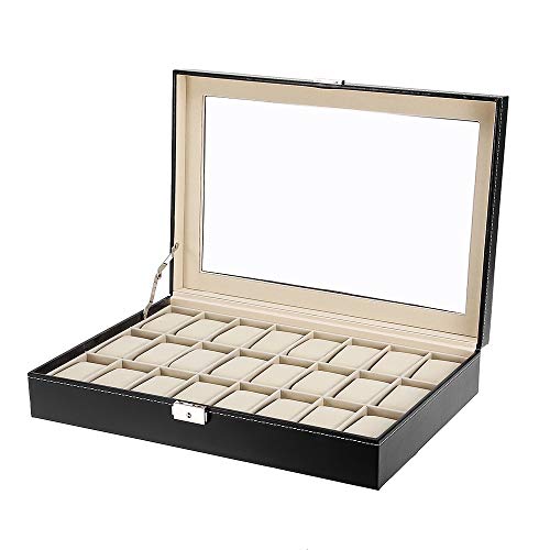 Uhrenbox 24 Uhren Herren Damen Uhrenkoffer Aufbewahrungsbox, Schwarz, Mit Schlüssel