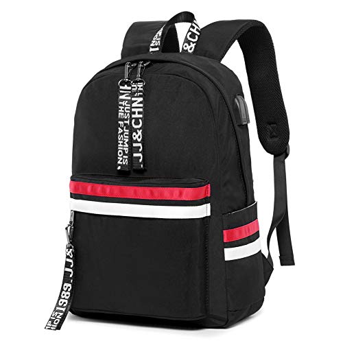 Damen Rucksack, Schultasche Schulrucksack Mädchen mit USB Casual Daypack Backpack Tasche für Outdoor Reisen Camping, Herren Männer Teenager Umhängentasche(Schwarz)