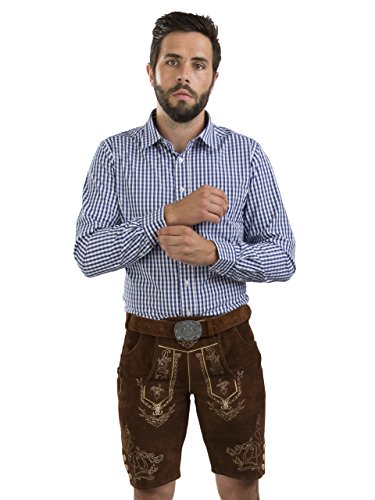 Herren Lederhose Wiesnjäger mit Trachtengürtel - Herren Trachtenlederhose Oktoberfest mit Gürtel - Trachtenhose kurz Gürtel (52, Nussbraun)