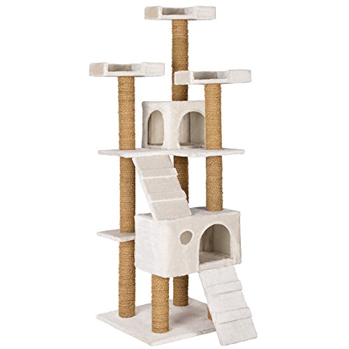 TecTake Katzen Kratzbaum Katzenbaum mittelhoch | Stämme komplett mit Kokosseil umwickelt | 2 Höhlen - Diverse Farben - (Weiss | Nr. 402194)
