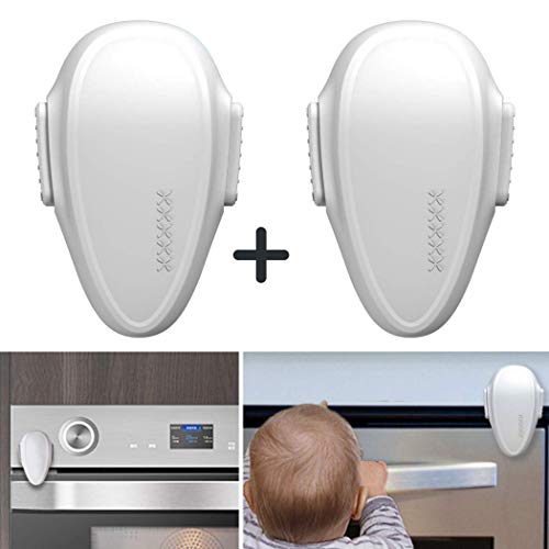 Backofentür Kindersicherung, 2er Set Ofentür Sperre zum Kleben, mit Doppel-Druck-Knopf I spezielI hitzeresistenter Kleber, universal verwendbar auf GLATTEN Oberflächen, Rückstandlos entfernbar