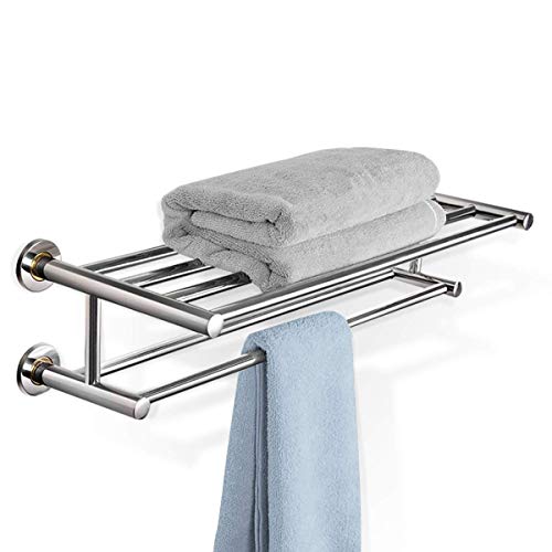 DREAMADE Handtuchablage Bad, Badetuchablage Edelstahl, Handtuchstange mit 2 Ablagen, Handtuchständer Wand Handtuchhalter, Badetuchstange Ablage für Badezimmer, Küche