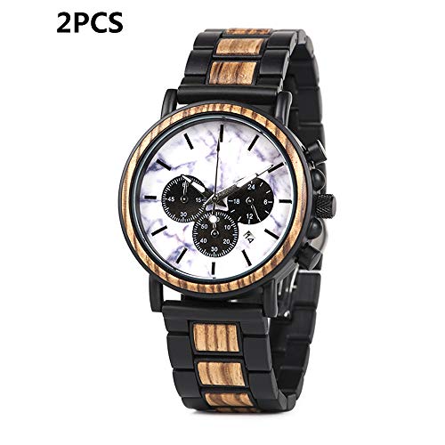 ZUKN Herrenuhr Aus Holz Mode DREI-Augen-Display-Design Quarzuhr Multifunktional Luxusuhr Vater Ausgestattet Mit Geschenkbox Aus Holz 2 Stück,A