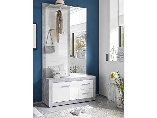 Garderobe Komplett Set Flurgarderobe Dielengarderobe Flur 'Rio de Janeiro IV' Beton-Nachbildung mit Absatz weiß-Glanz