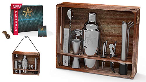 VinoYes Cocktail Shaker Set - 16 Teiliges Premium Profi Bar Werkzeug aus Edelstahl in Einer tollen Holzkiste und Rezeptbuch - Mixer Set mit Ständer in Edler Geschenkbox.