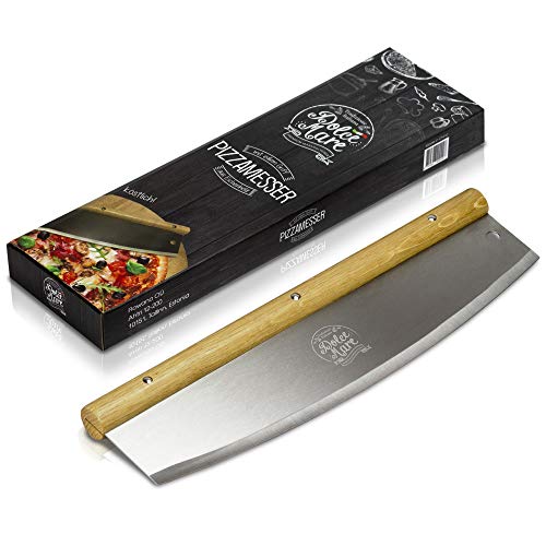 Dolce Mare Pizzaschneider - Vielseitig einsetzbares Wiegemesser mit edlem Griff aus Eichenholz - Pizzamesser mit extra scharfer Edelstahlklinge - Inklusive Klingenschutz & Anleitung